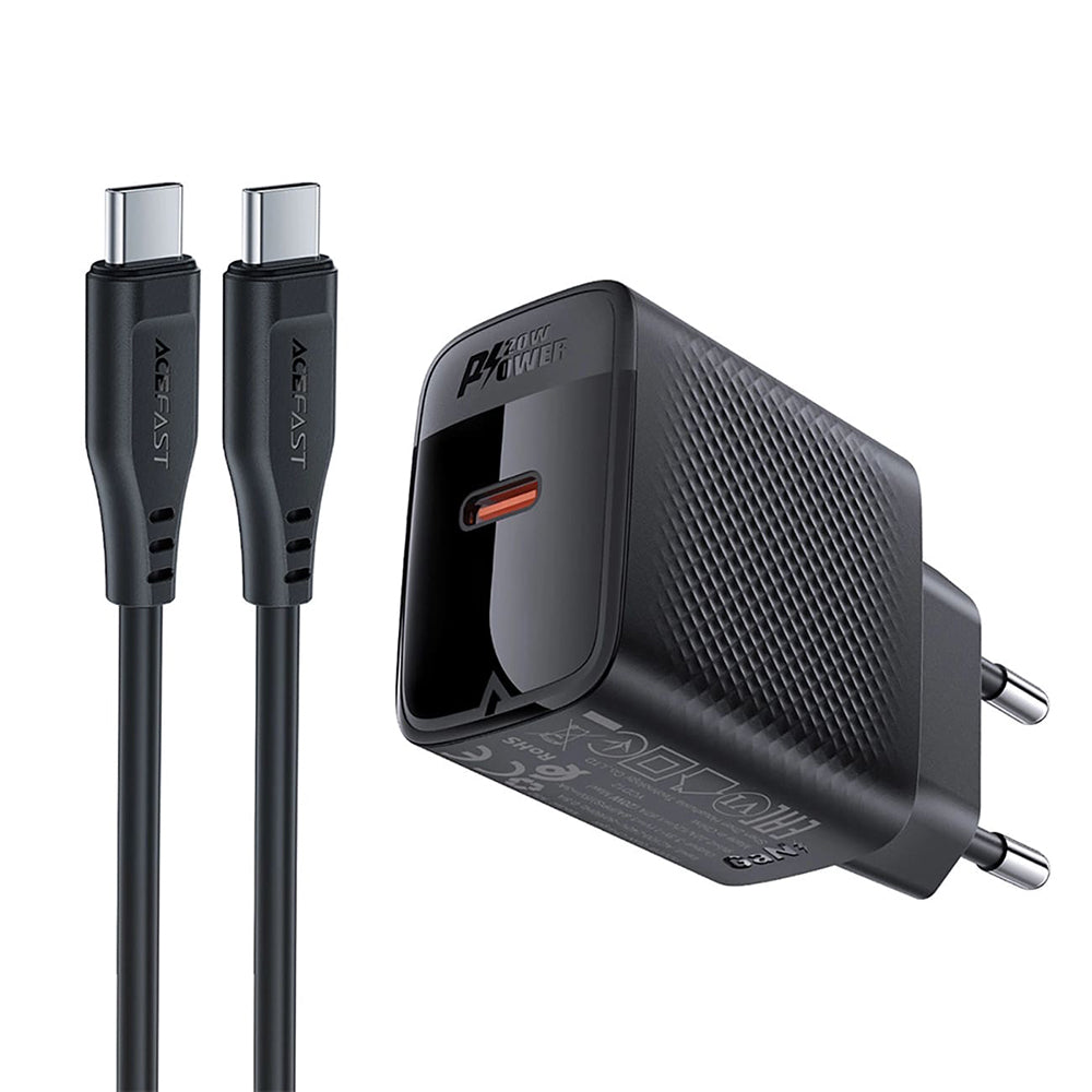 Cargador de Red con Cable USB-C Acefast A82, 20W, 3A, 1 x USB-C, Negro