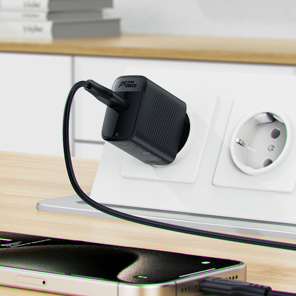 Cargador de Red con Cable USB-C Acefast A82, 20W, 3A, 1 x USB-C, Negro