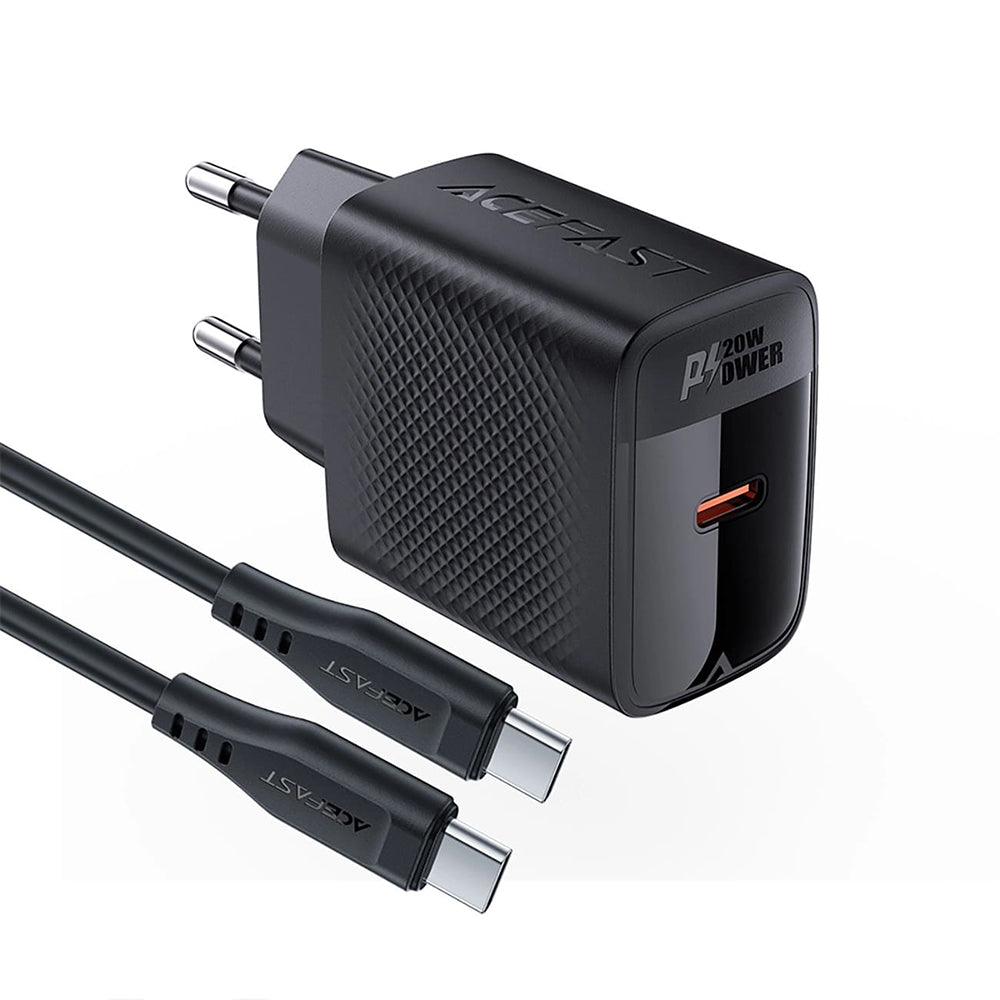Cargador de Red con Cable USB-C Acefast A82, 20W, 3A, 1 x USB-C, Negro