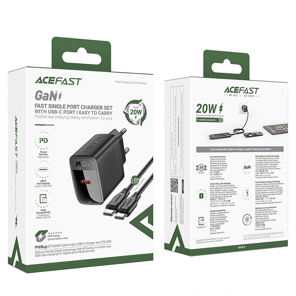 Cargador de Red con Cable USB-C Acefast A82, 20W, 3A, 1 x USB-C, Negro