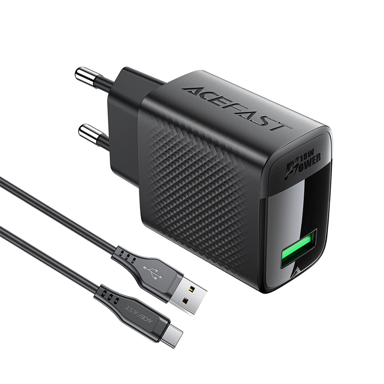 Cargador de Red con Cable USB-C Acefast A90, 18W, 3A, 1 x USB-A, Negro