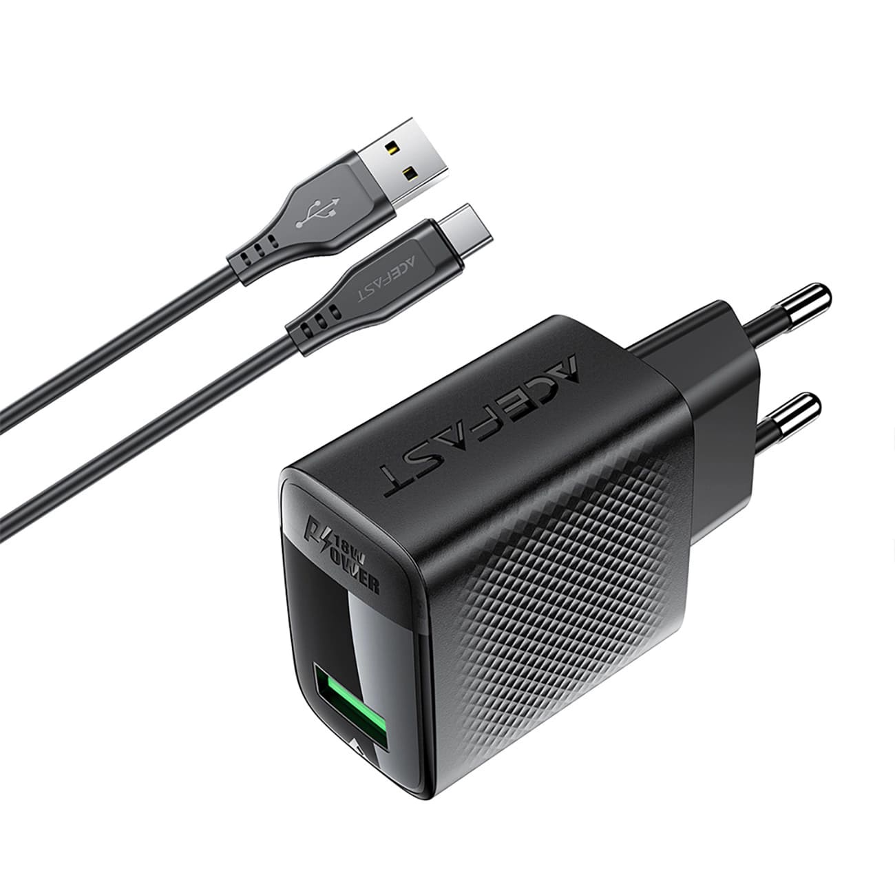 Cargador de Red con Cable USB-C Acefast A90, 18W, 3A, 1 x USB-A, Negro