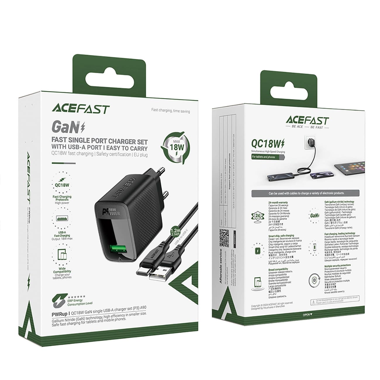 Cargador de Red con Cable USB-C Acefast A90, 18W, 3A, 1 x USB-A, Negro