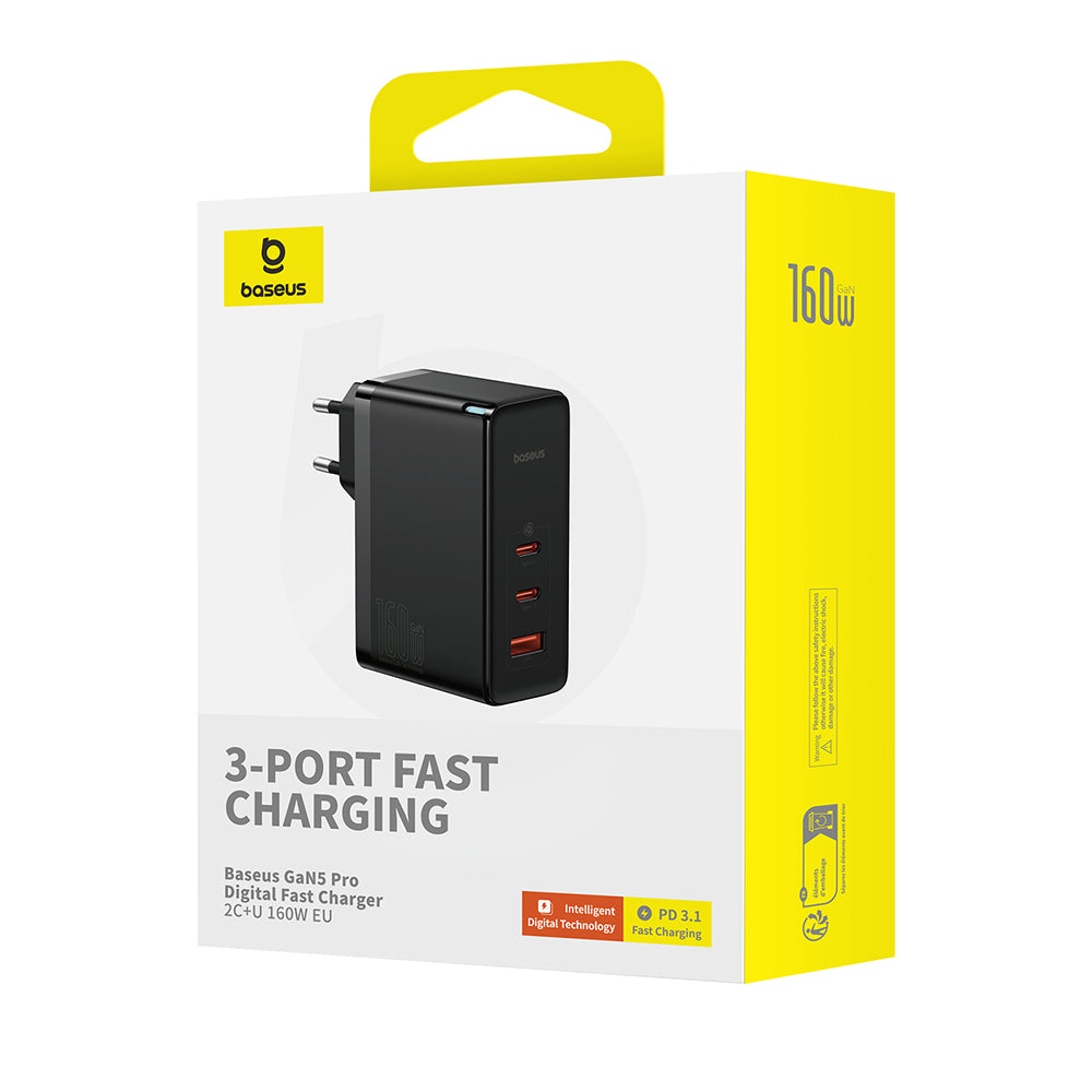 Cargador de Red con Cable USB-C Baseus GaN5 Pro, 160W, 5A, 1 x USB-A - 2 x USB-C, Negro P10110825113-00
