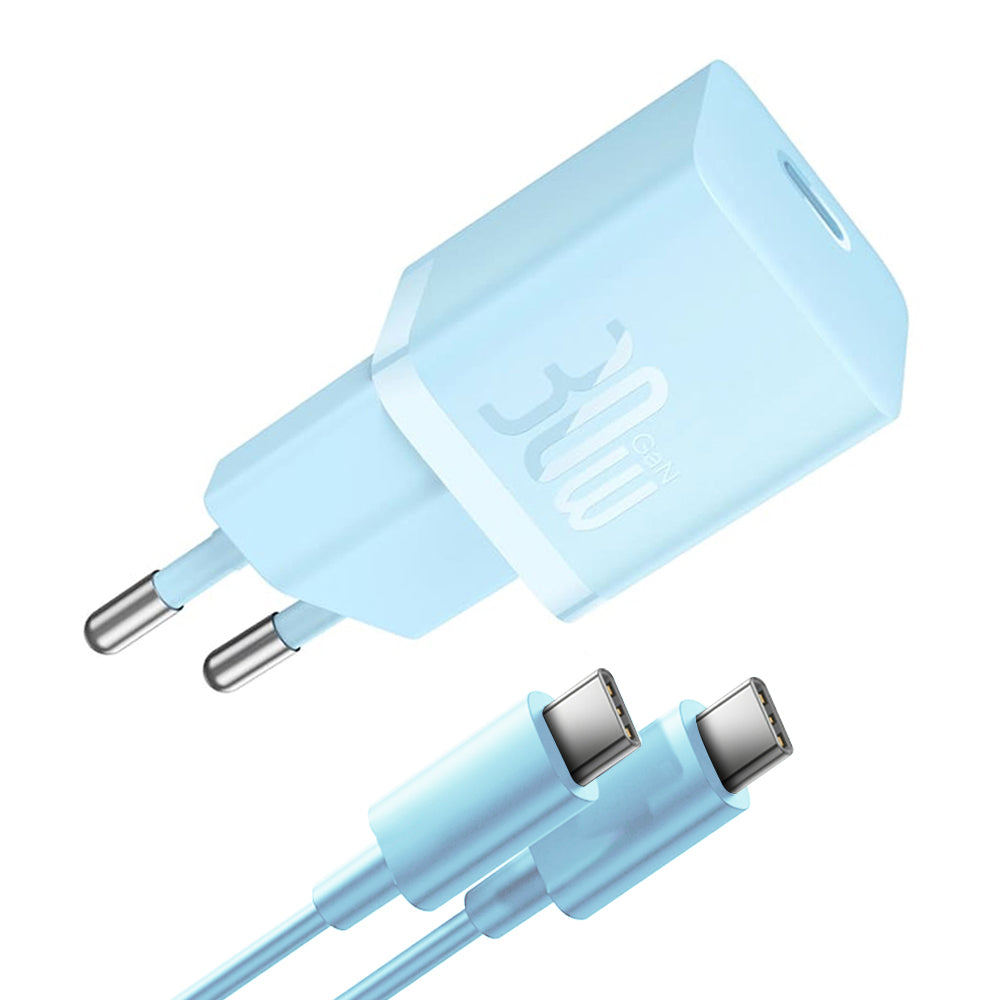 Cargador de Red con Cable USB-C Baseus GaN Mini 1C, 30W, 3A, 1 x USB-C, Azul P10110902313-00