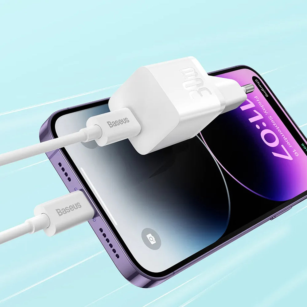 Cargador de Red con Cable USB-C Baseus GaN Mini 1C, 30W, 3A, 1 x USB-C, Azul P10110902313-00