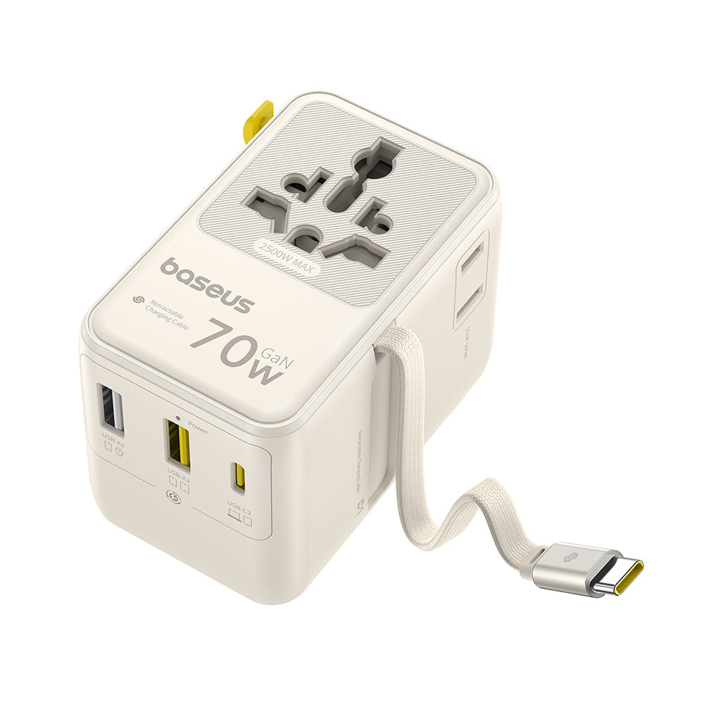 Cargador de Red con Cable USB-C Baseus Travel EnerCore CG11, 70W, 2 x Enchufe - 1 x USB-C - 2 x USB-A, Blanco E0307E01