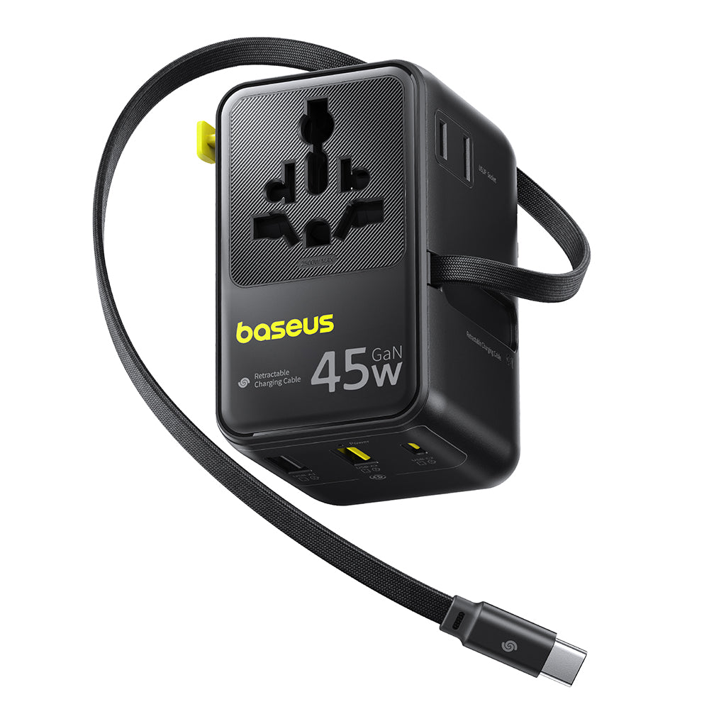 Cargador de Red con Cable USB-C Baseus Travel PicoGo AG11, 45W, 2 x Enchufe - 1 x USB-C - 2 x USB-A, Negro E0307F00