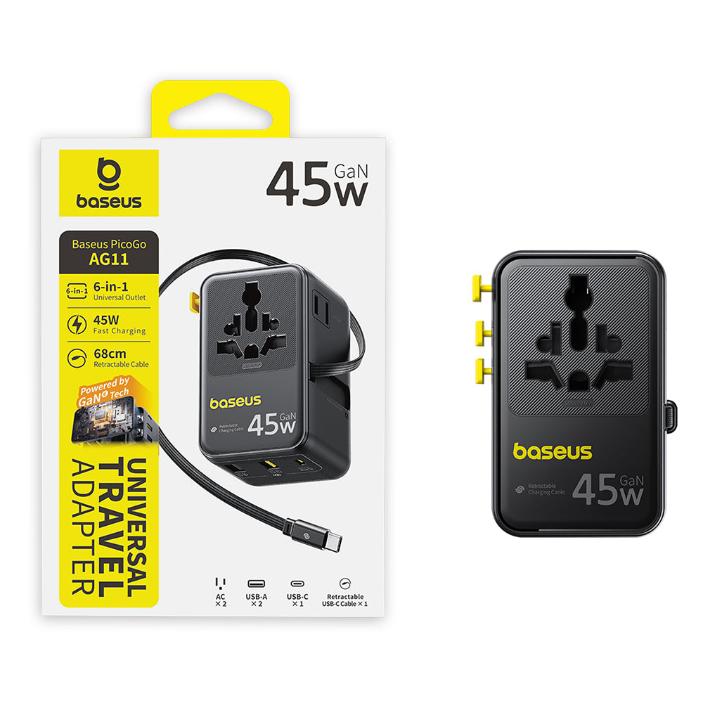 Cargador de Red con Cable USB-C Baseus Travel PicoGo AG11, 45W, 2 x Enchufe - 1 x USB-C - 2 x USB-A, Negro E0307F00