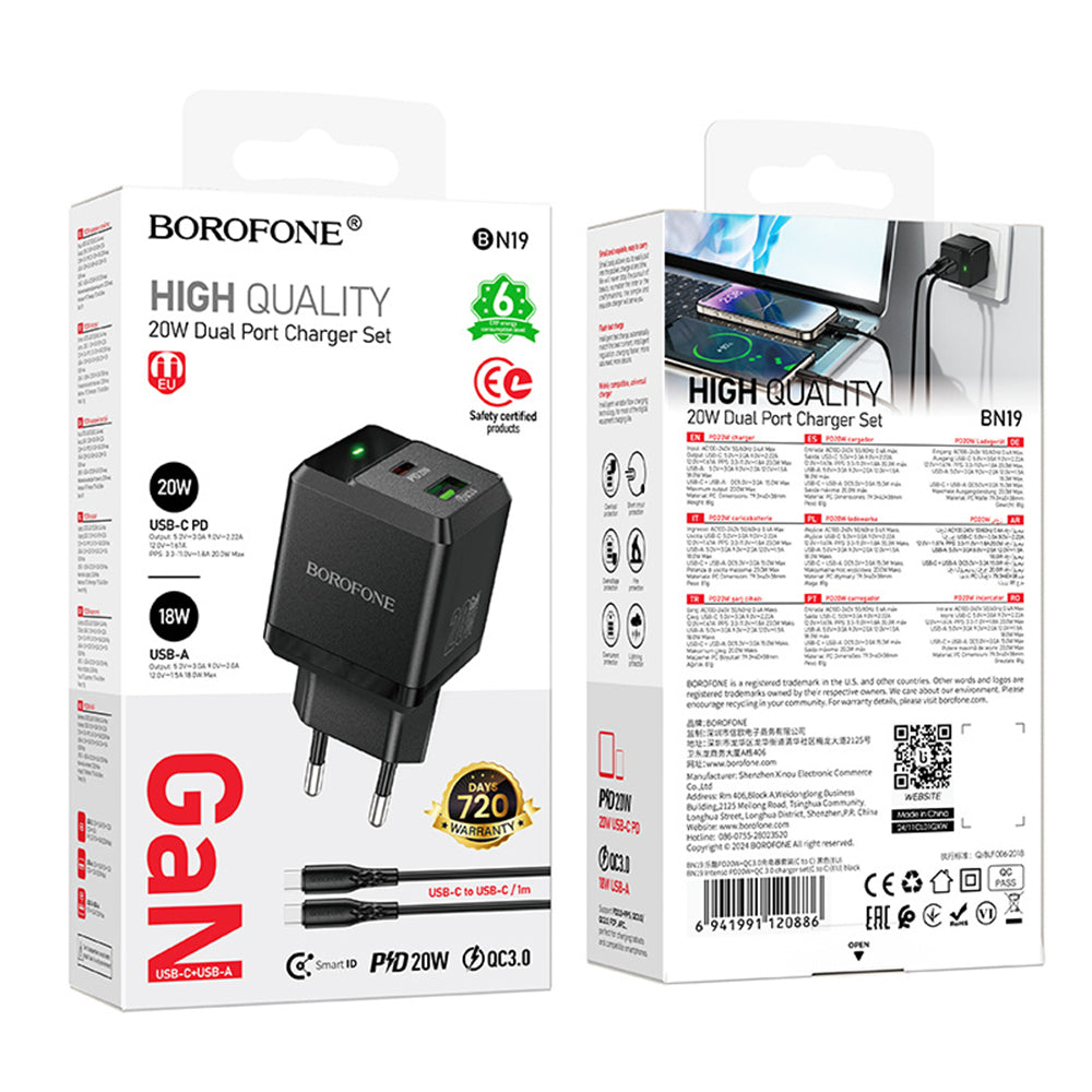Cargador de Red con Cable USB-C Borofone BN19 Intenso, 20W, 3A, 1 x USB-A - 1 x USB-C, Negro