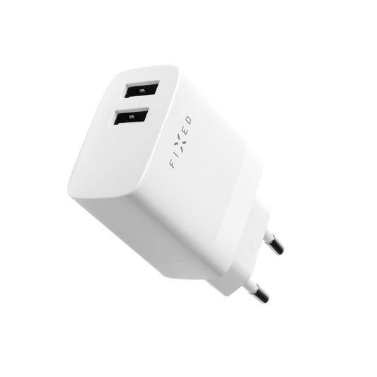 Cargador de Red con Cable USB-C Fixed, 17W, 3A, 2 x USB-A, Blanco