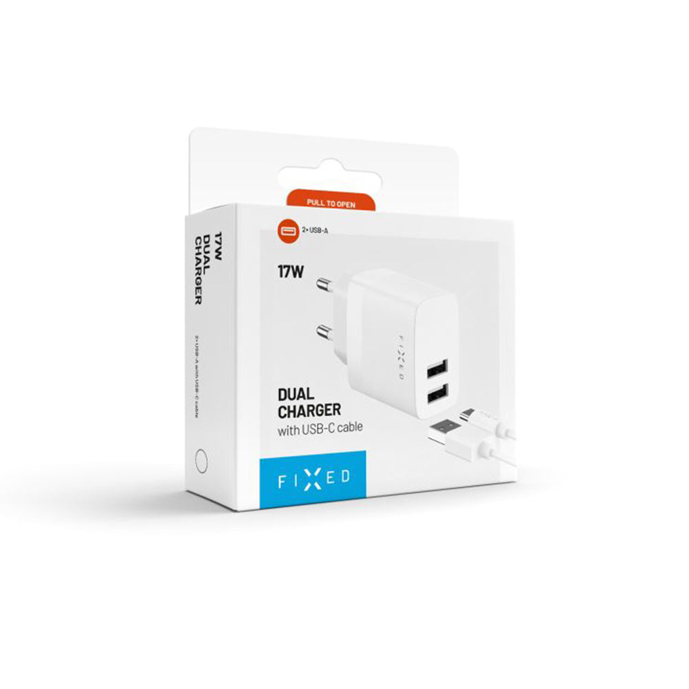 Fixed USB-C Network Charger with Cable, 17W, 3A, 2 x USB-A, White