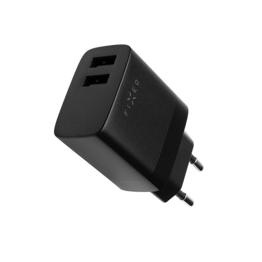 Cargador de Red con Cable USB-C Fixed, 17W, 3A, 2 x USB-A, Negro