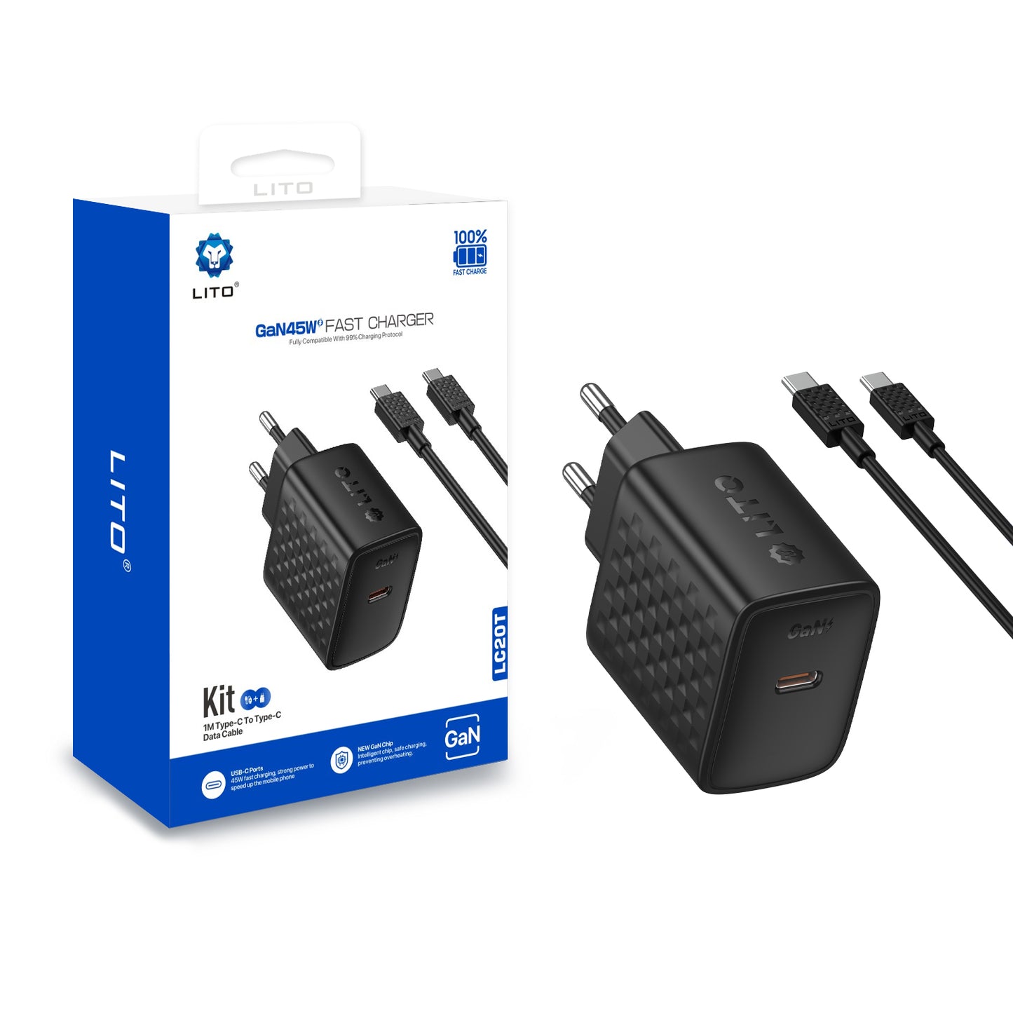 Cargador de Red con Cable USB-C Lito LC20T, 45W, 3A, 1 x USB-C, Negro