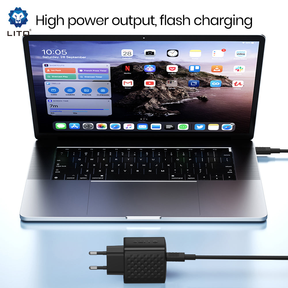 Cargador de Red con Cable USB-C Lito LC20T, 45W, 3A, 1 x USB-C, Negro