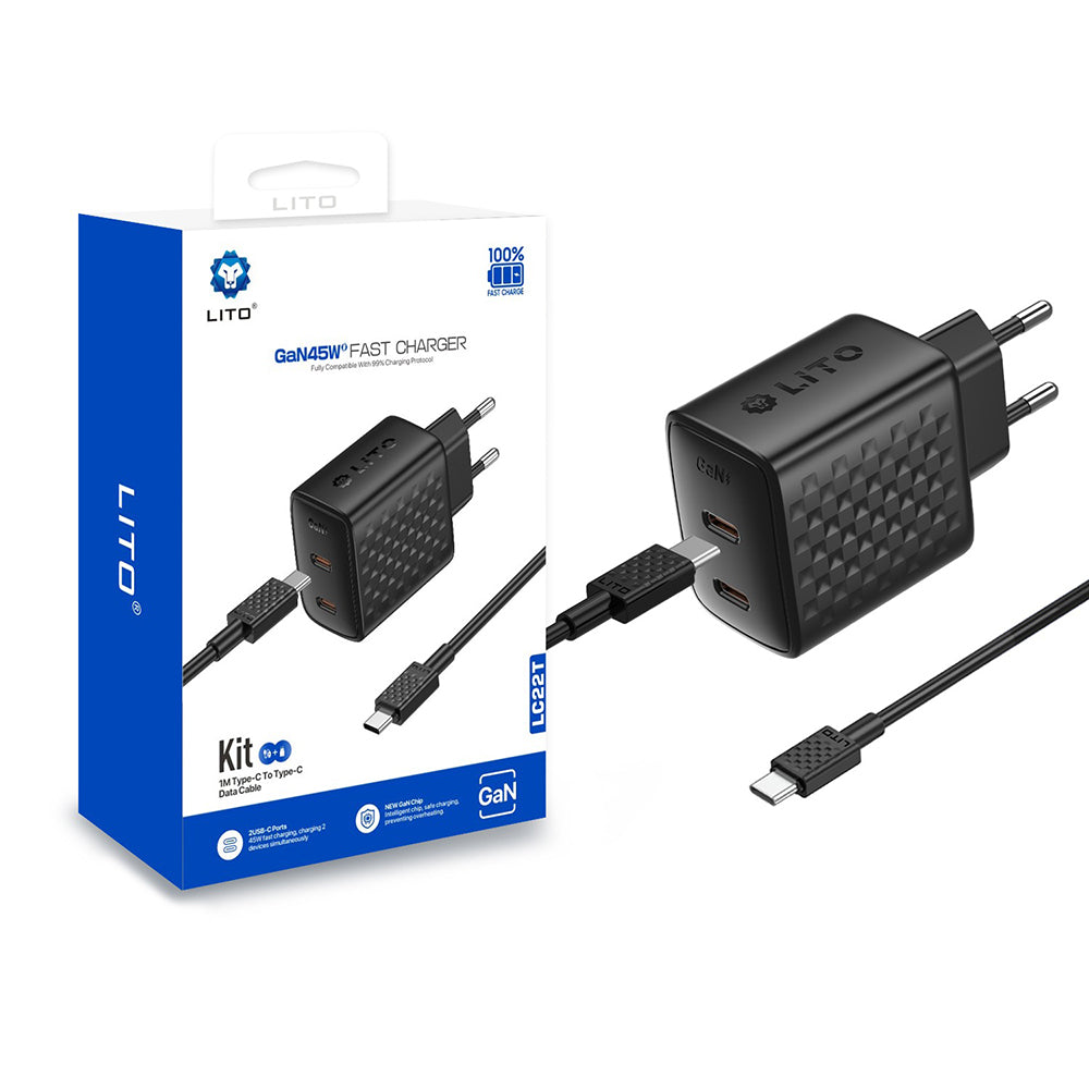 Cargador de Red con Cable USB-C Lito LC22T, 45W, 3A, 2 x USB-C, Negro
