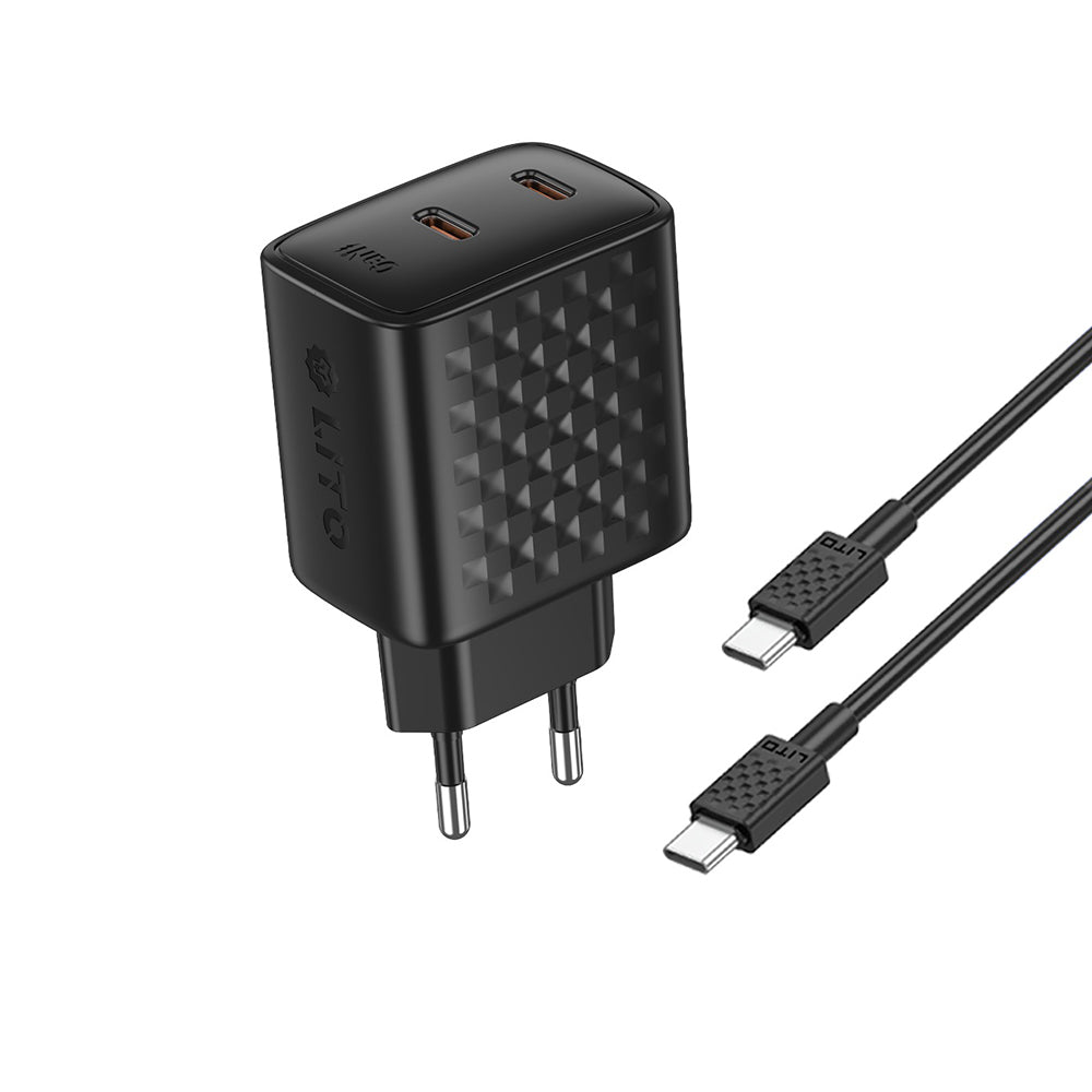 Cargador de Red con Cable USB-C Lito LC22T, 45W, 3A, 2 x USB-C, Negro