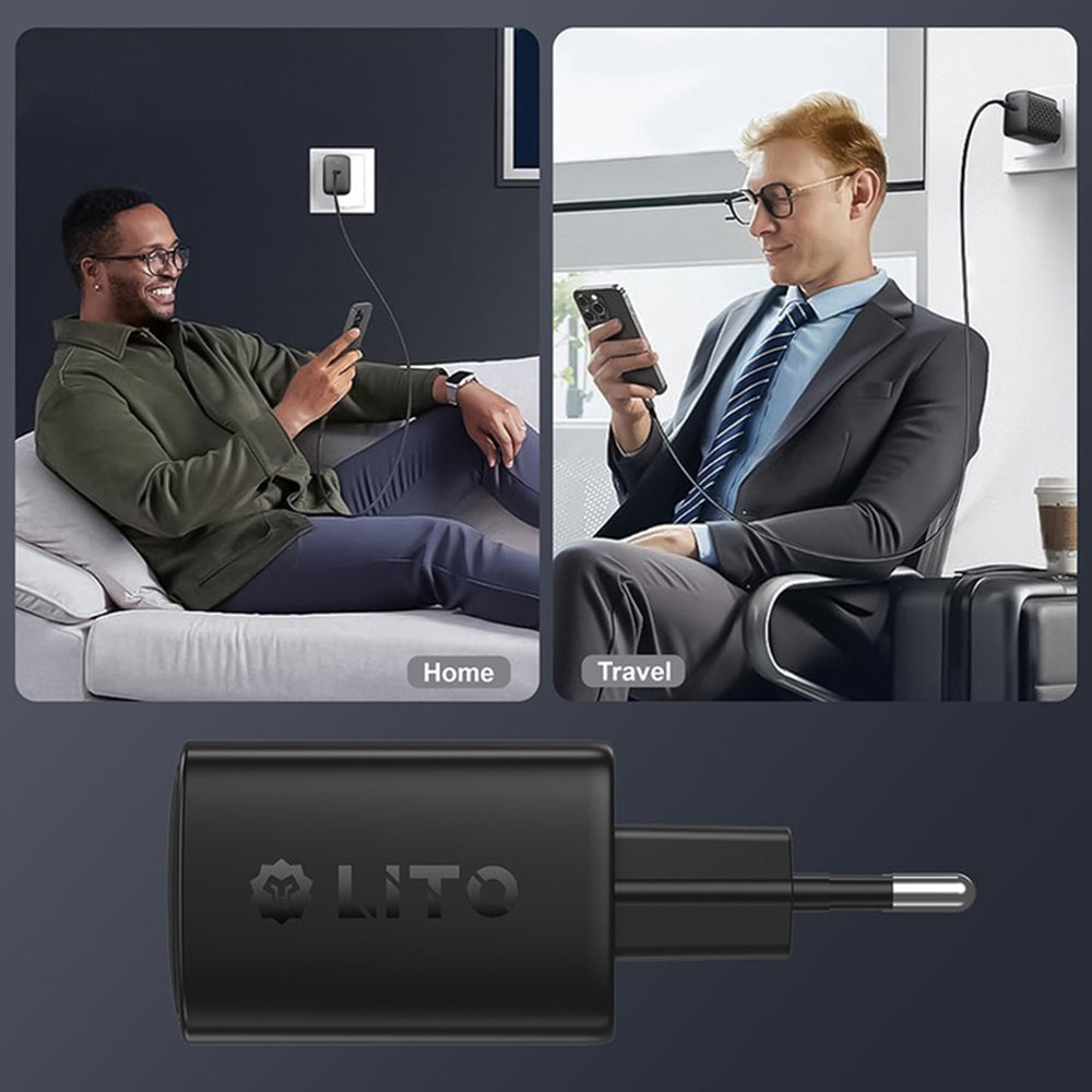 Cargador de Red con Cable USB-C Lito LC22T, 45W, 3A, 2 x USB-C, Negro