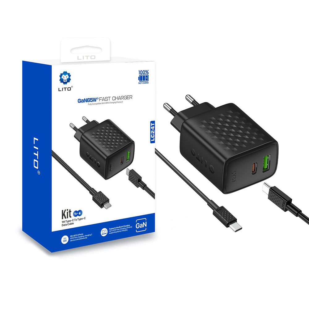 Cargador de Red con Cable USB-C Lito LC24T, 65W, 3.25A, 1 x USB-A - 1 x USB-C, Negro