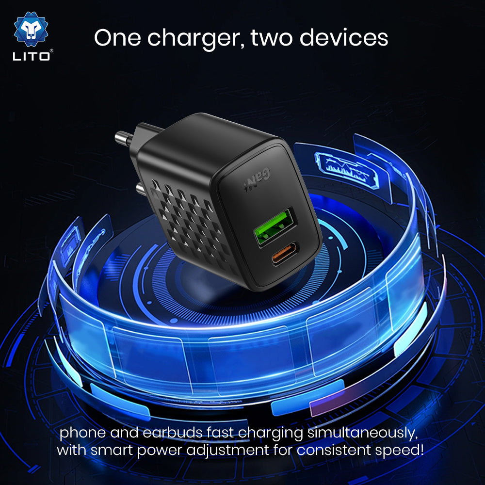 Cargador de Red con Cable USB-C Lito LC24T, 65W, 3.25A, 1 x USB-A - 1 x USB-C, Negro