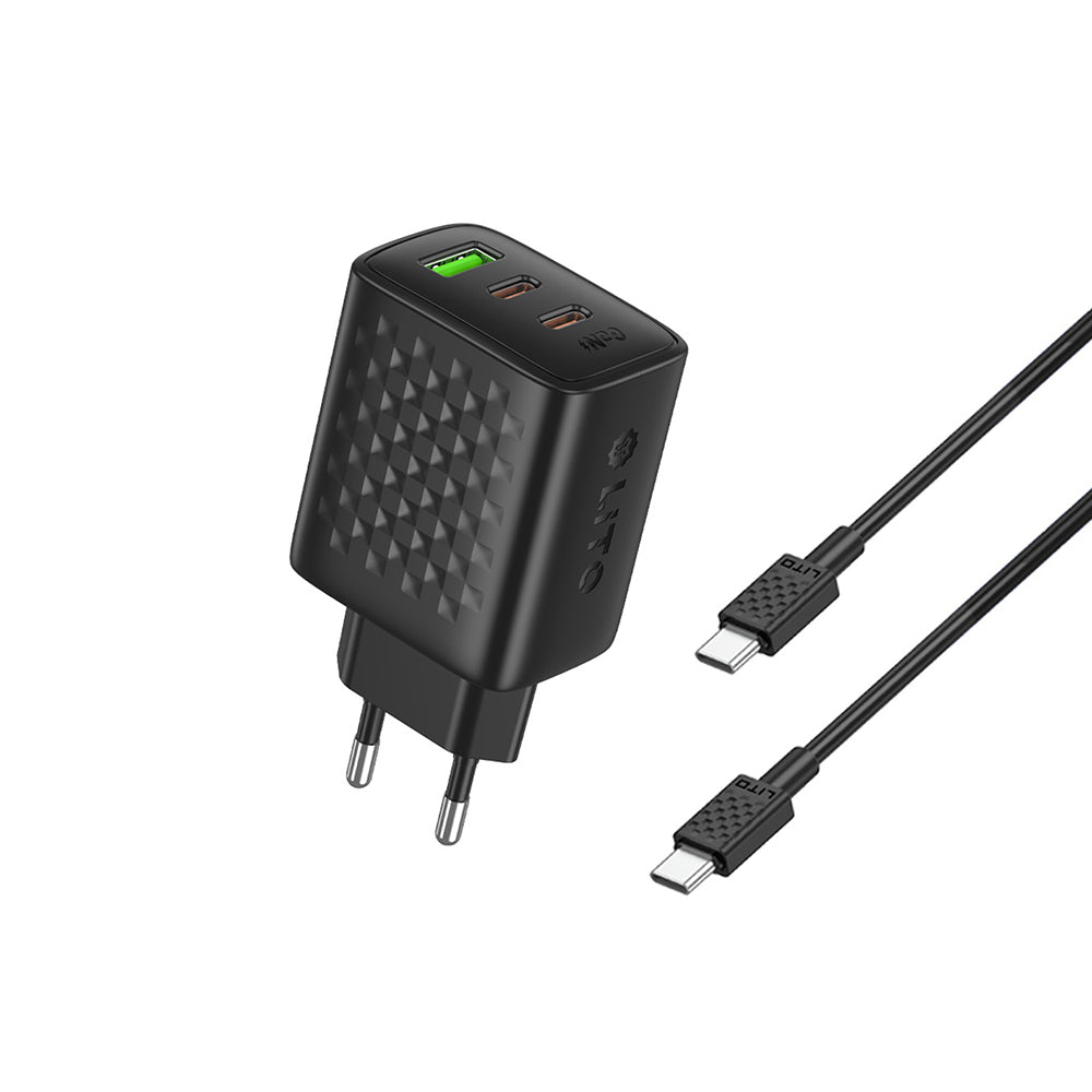 Cargador de Red con Cable USB-C Lito LC25T, 65W, 3.25A, 1 x USB-A - 2 x USB-C, Negro