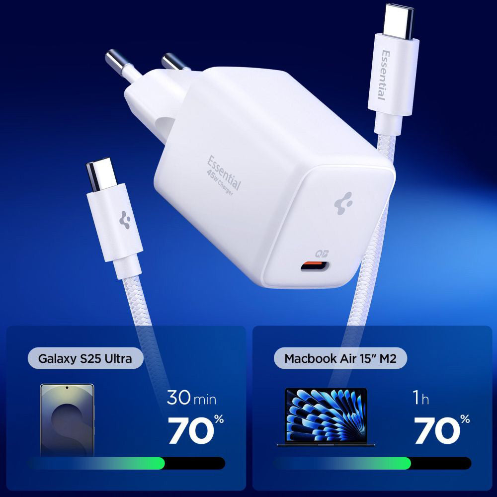 Spigen EE451EU Essential Network Charger with USB-C Cable, 45W, 3A, 1 x USB-C, White ACH09473