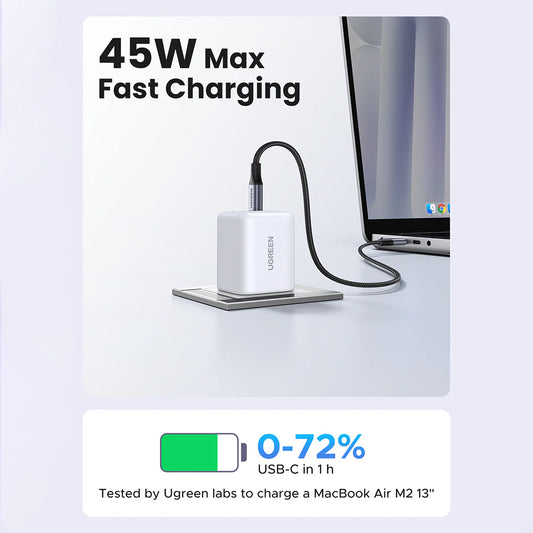 Cargador de Red con Cable USB-C UGREEN X524 (65055), 45W, 3A, 1 x USB-C, Blanco
