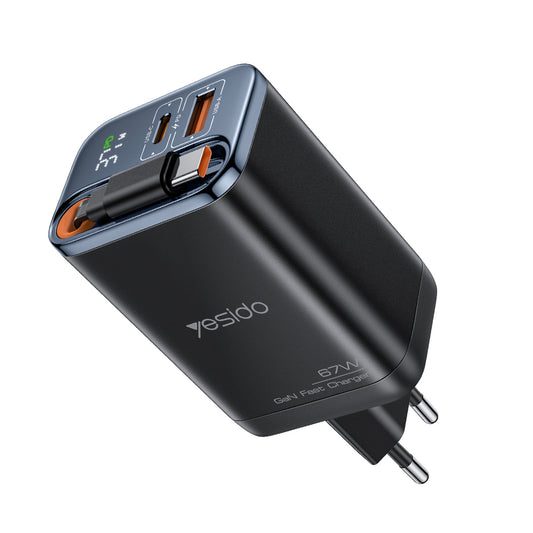 Cargador de Red con Cable USB-C Yesido YC100 Display, 67W, 3.35A, 1 x USB-A - 1 x USB-C, Negro