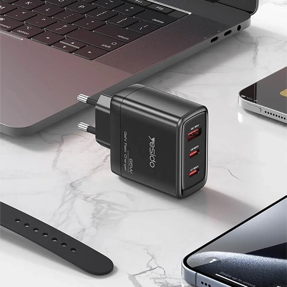 Cargador de Red con Cable USB-C Yesido YC144C, 65W, 3.25A, 1 x USB-A - 2 x USB-C, Negro