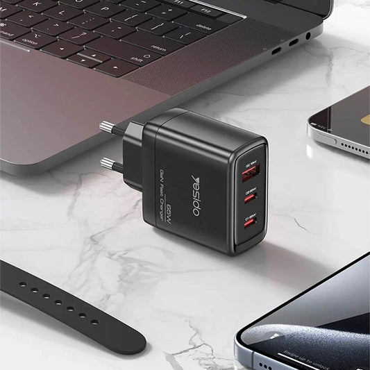 Cargador de Red con Cable USB-C Yesido YC144C, 65W, 3.25A, 1 x USB-A - 2 x USB-C, Negro