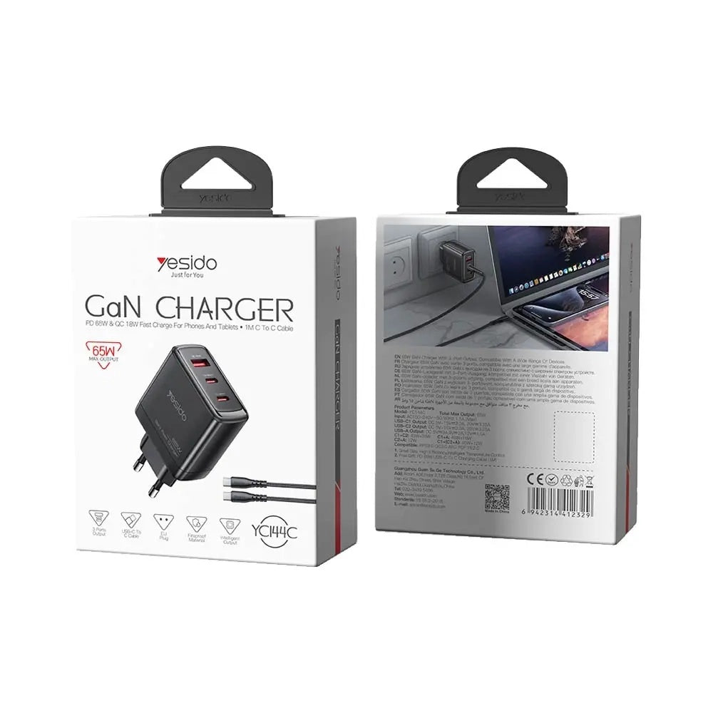 Cargador de Red con Cable USB-C Yesido YC144C, 65W, 3.25A, 1 x USB-A - 2 x USB-C, Negro