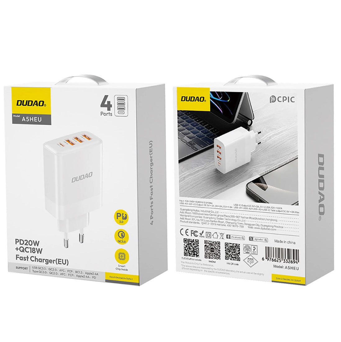 Cargador de red Dudao A5HEU, 20W, 3A, 1 x USB-C - 3 x USB-A, Blanco