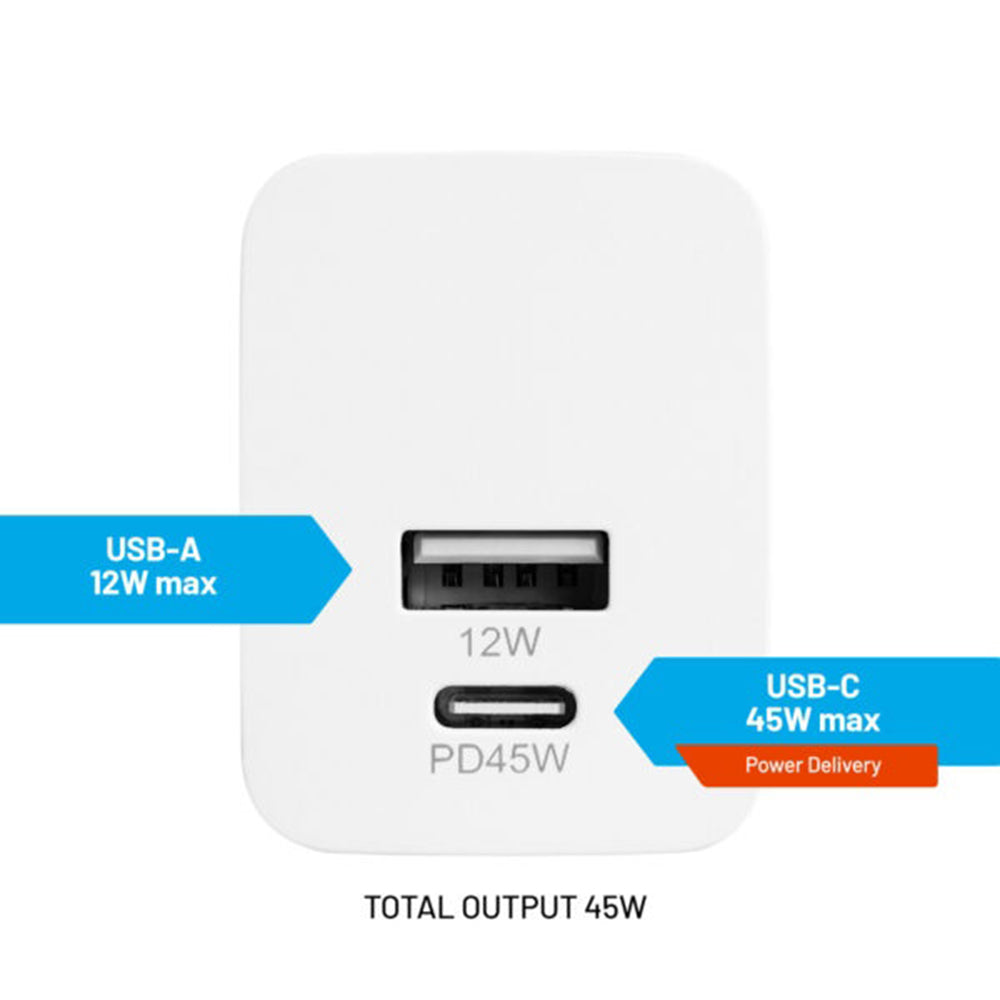 Cargador de Red Fixed Mini, 45W, 3A, 1 x USB-A - 1 x USB-C, Blanco