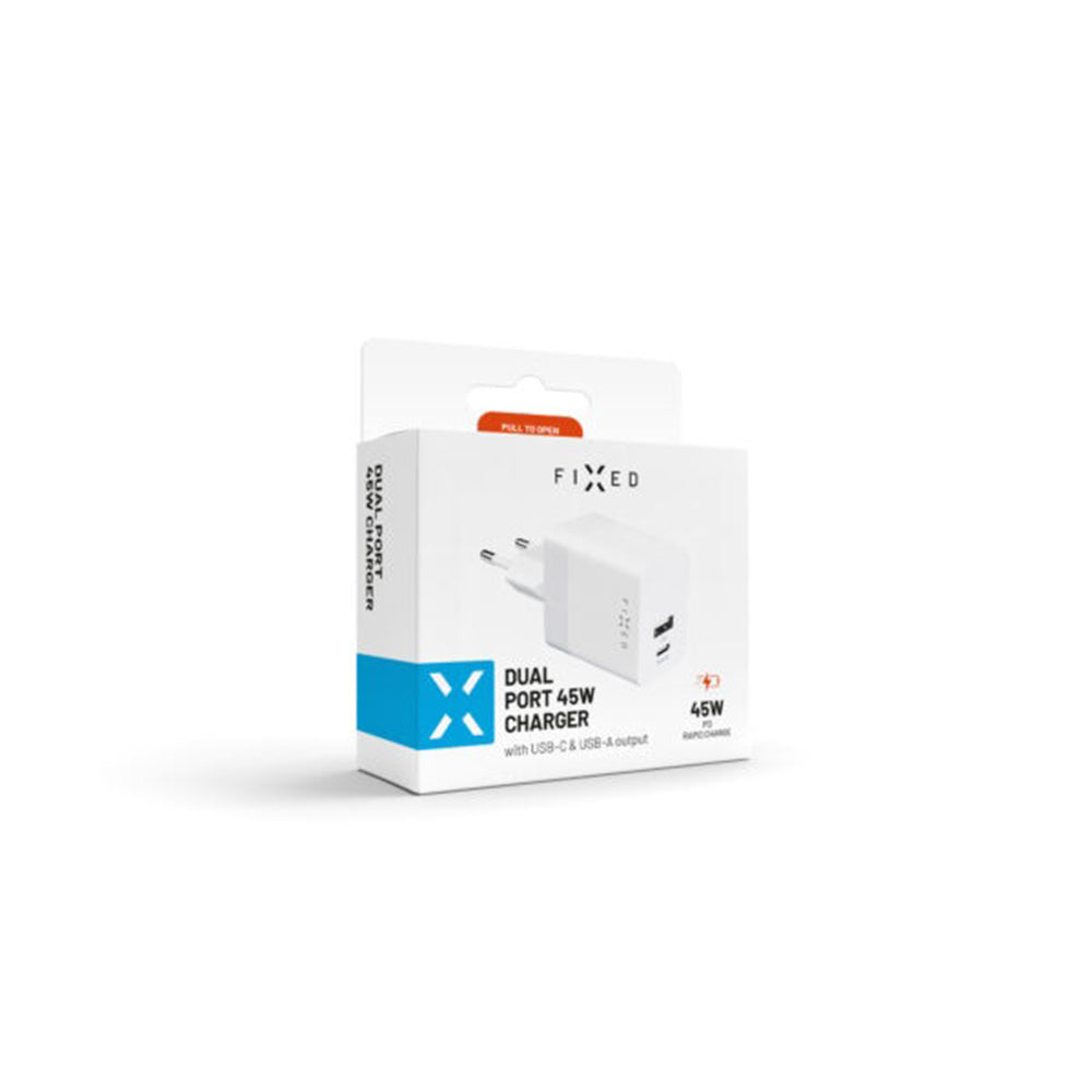 Cargador de Red Fixed Mini, 45W, 3A, 1 x USB-A - 1 x USB-C, Blanco