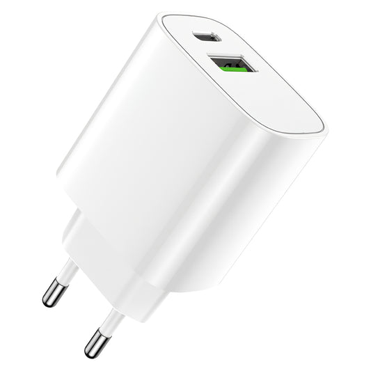 Cargador de red Forever LS-04, 20W, 3A, 1 x USB-A - 1 x USB-C, Blanco