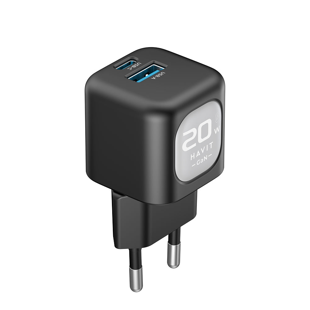 Cargador de Red HAVIT UC220, 20W, 3A, 1 x USB-A - 1 x USB-C, Negro Gris