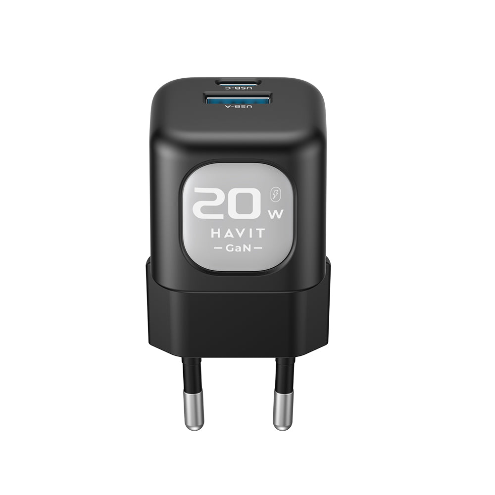 Cargador de Red HAVIT UC220, 20W, 3A, 1 x USB-A - 1 x USB-C, Negro Gris