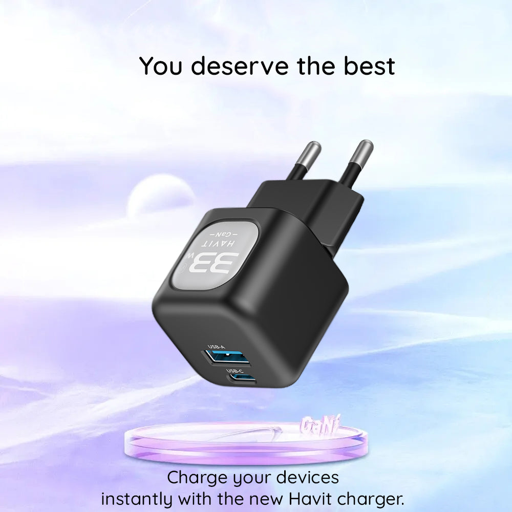 Cargador de Red HAVIT UC230, 33W, 3A, 1 x USB-A - 1 x USB-C, Negro Gris