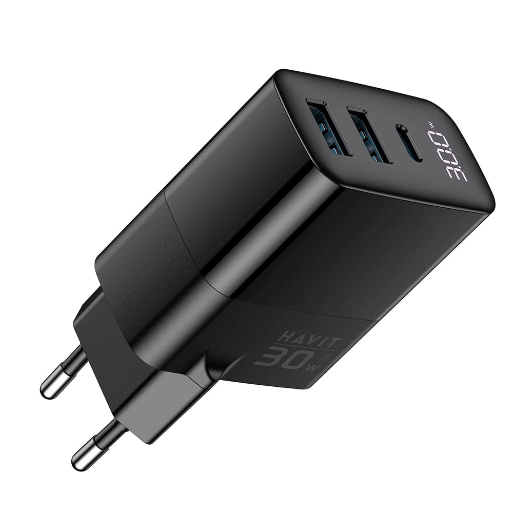 Cargador de Red HAVIT UCLE001, 30W, 3A, 2 x USB-A - 1 x USB-C, Negro