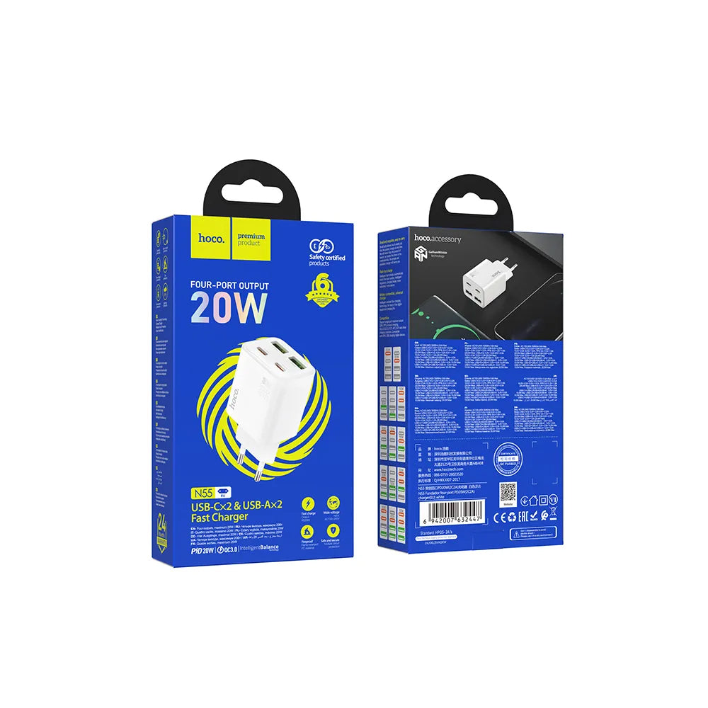 Cargador de Red HOCO N56, 30W, 3A, 2 x USB-A - 2 x USB-C, Blanco