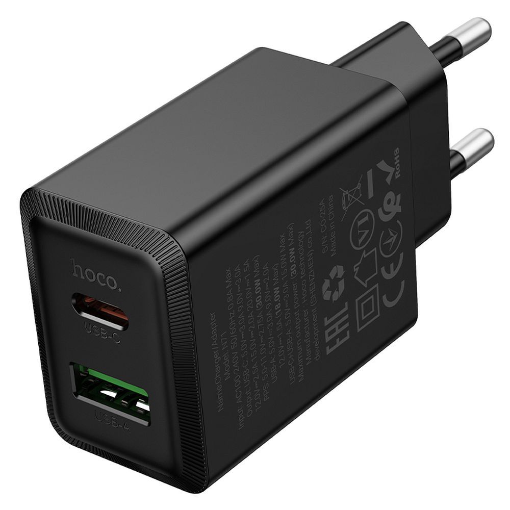 Cargador de Red HOCO N71, 30W, 3A, 1 x USB-A - 1 x USB-C, Negro