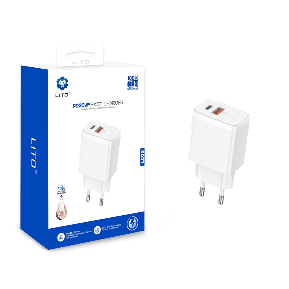Cargador de Red Lito LC09, 20W, 3A, 1 x USB-A - 1 x USB-C, Blanco
