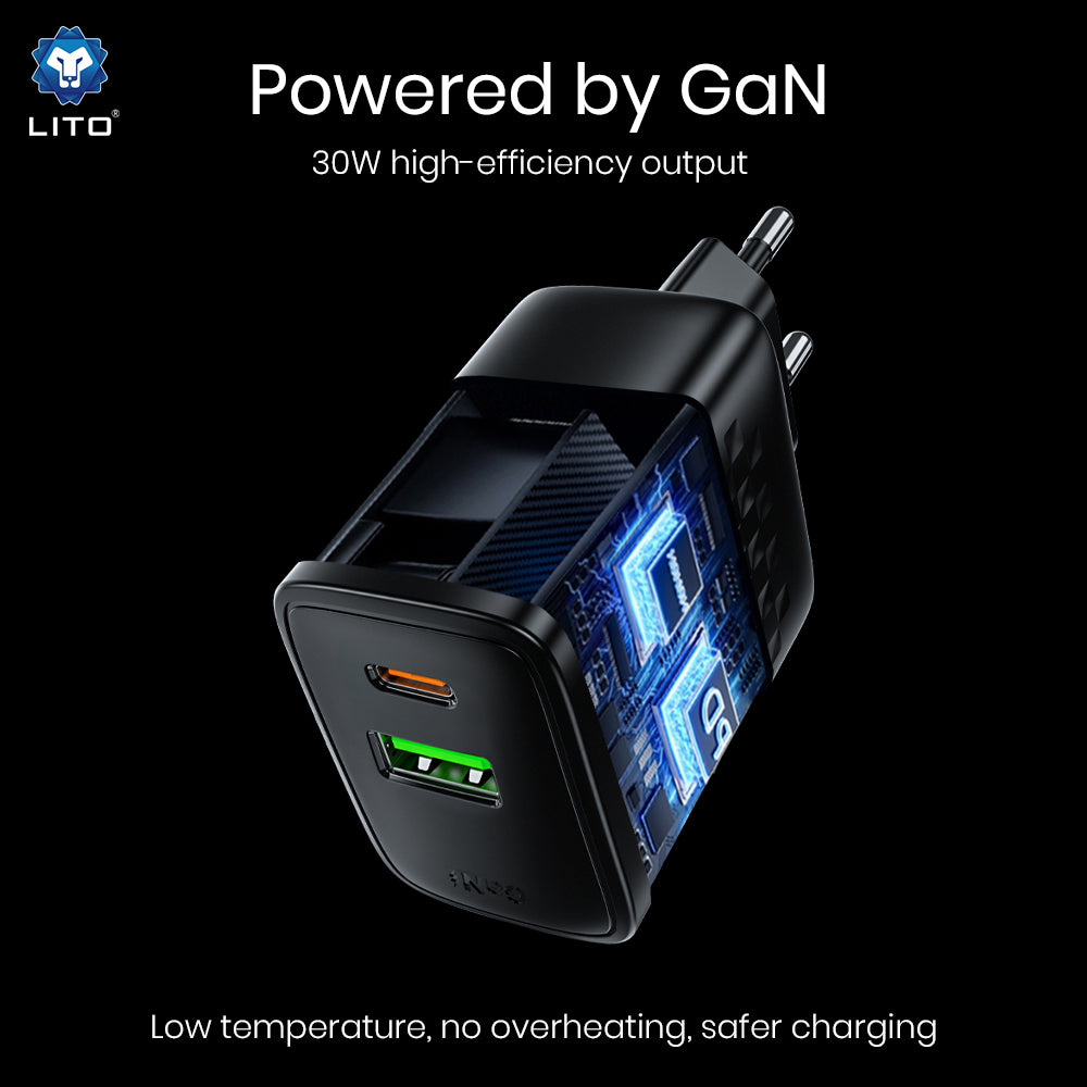 Cargador de Red Lito LC19, 30W, 3A, 1 x USB-A - 1 x USB-C, Negro.