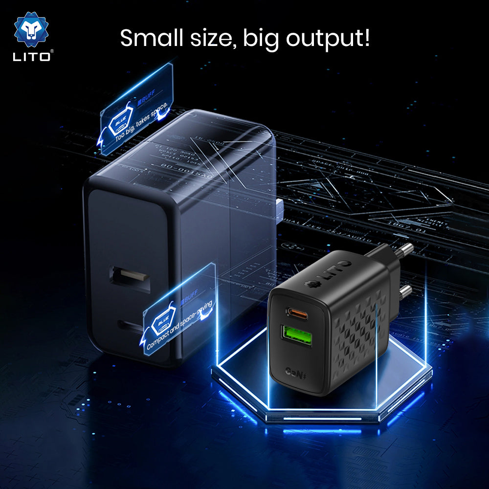 Cargador de Red Lito LC24, 65W, 3.25A, 1 x USB-A - 1 x USB-C, Negro