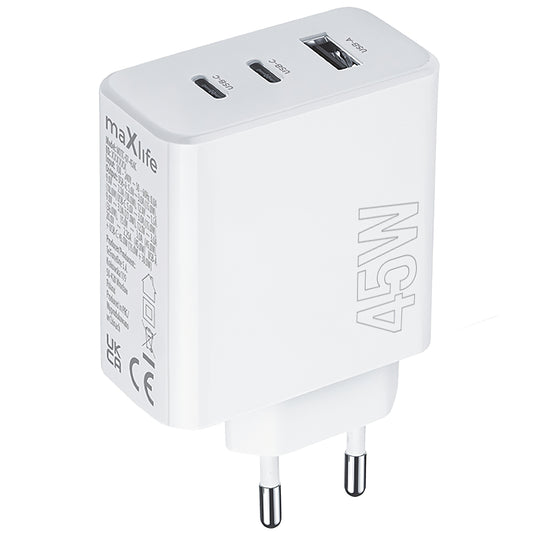 Cargador de red MaXlife MXTC-07-45ACC, 45W, 3A, 1 x USB-A - 2 x USB-C, Blanco