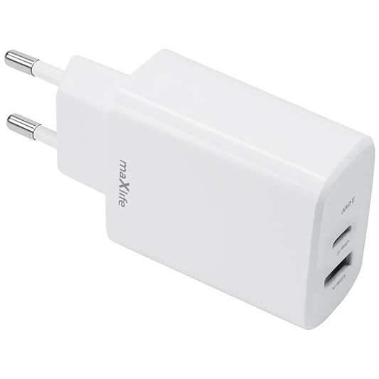 Cargador de red MaXlife MXTC-10-20AC, 20W, 3A, 1 x USB-A - 1 x USB-C, Blanco