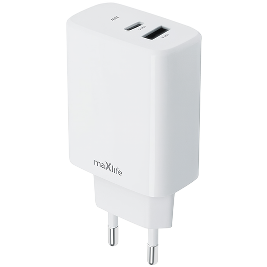 Cargador de red MaXlife MXTC-10-20AC, 20W, 3A, 1 x USB-A - 1 x USB-C, Blanco