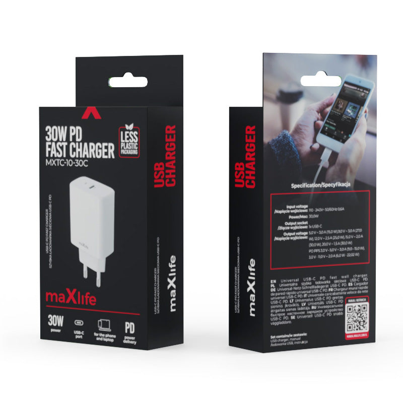 Cargador de red MaXlife MXTC-10-30C, 30 W, 3 A, 1 x USB-C, blanco