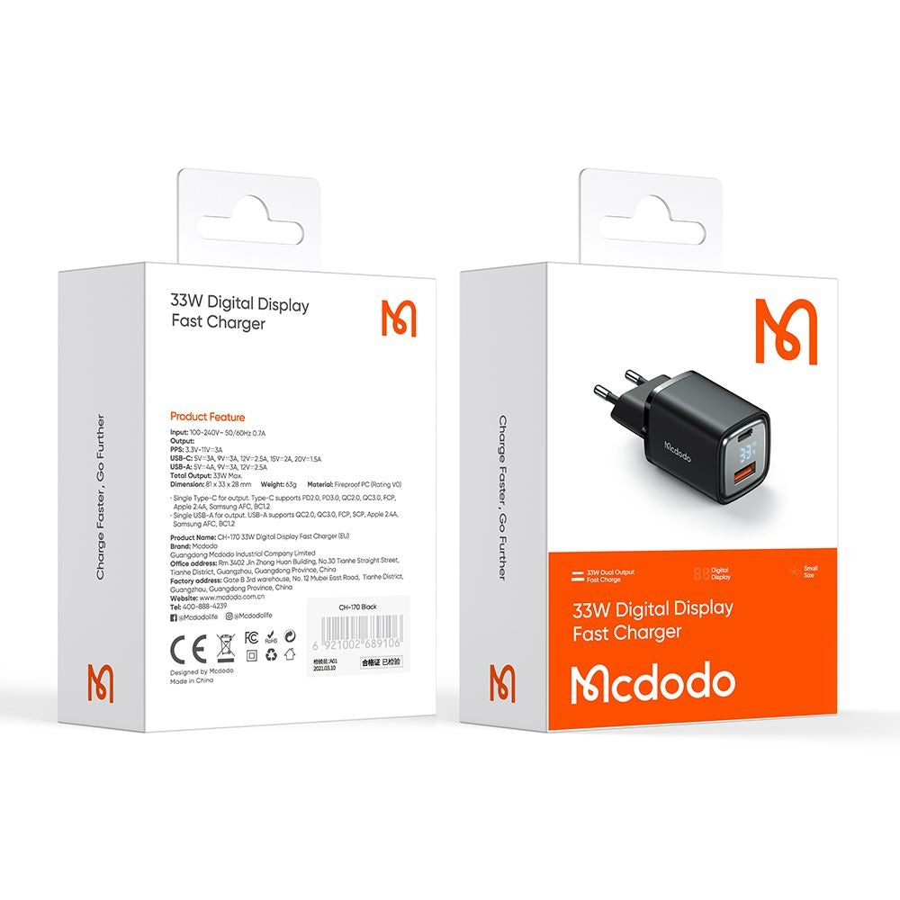 Cargador de Red McDodo CH-1701 Graphite Display, 33W, 3A, 1 x USB-A - 1 x USB-C, Negro