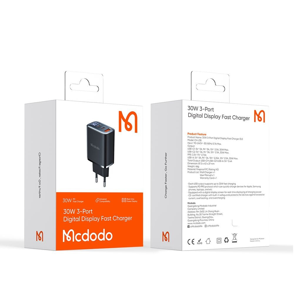 Cargador de Red McDodo CH-2180 Display, 30W, 3A, 1 x USB-A - 2 x USB-C, Negro